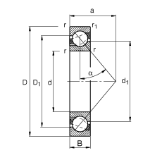 角接触球轴承 7306-B-JP, 根据 DIN 628-1 标准的主要尺寸，接触角 α = 40°